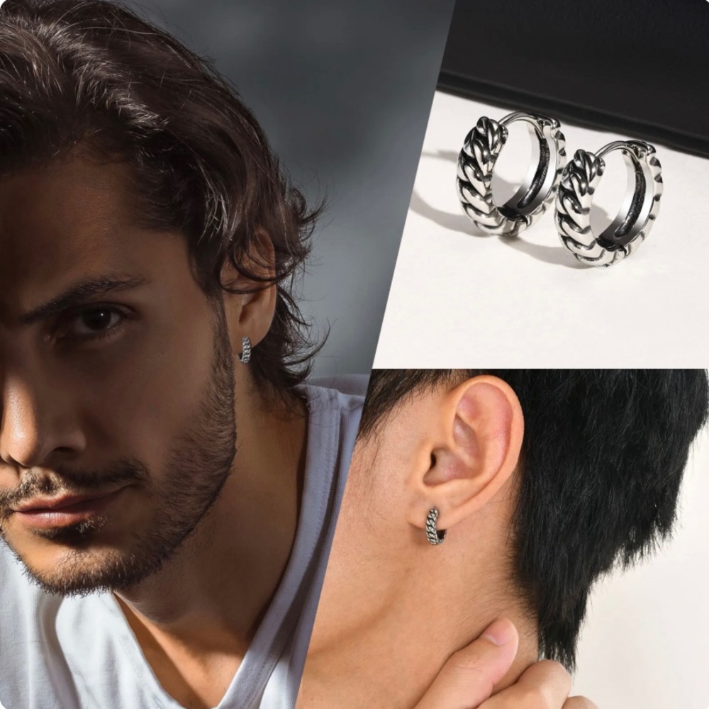 Cool Twisted Chain Hoop Earrings for Men, Waterproof Stainless Steel Huggies